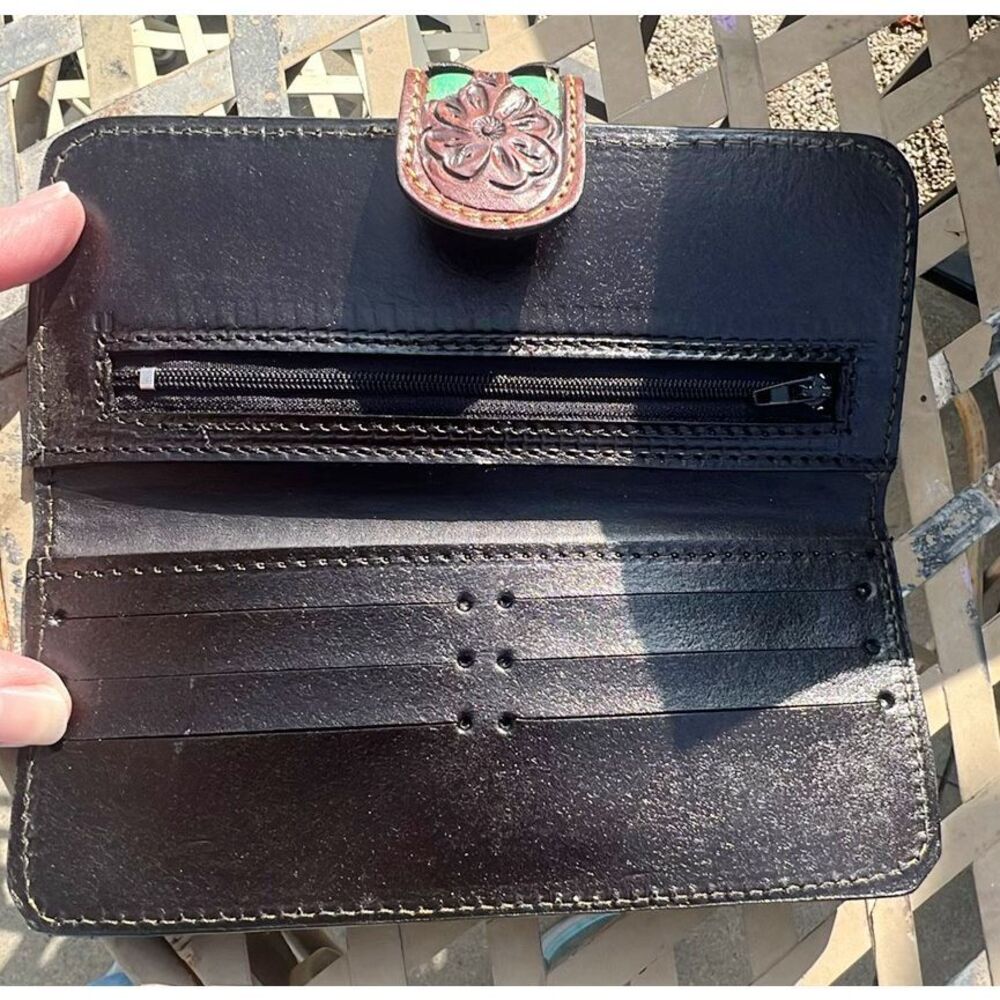 Hand Tooled Leather Western Wallet Brown/Teal Leather - Picture 3 of 4